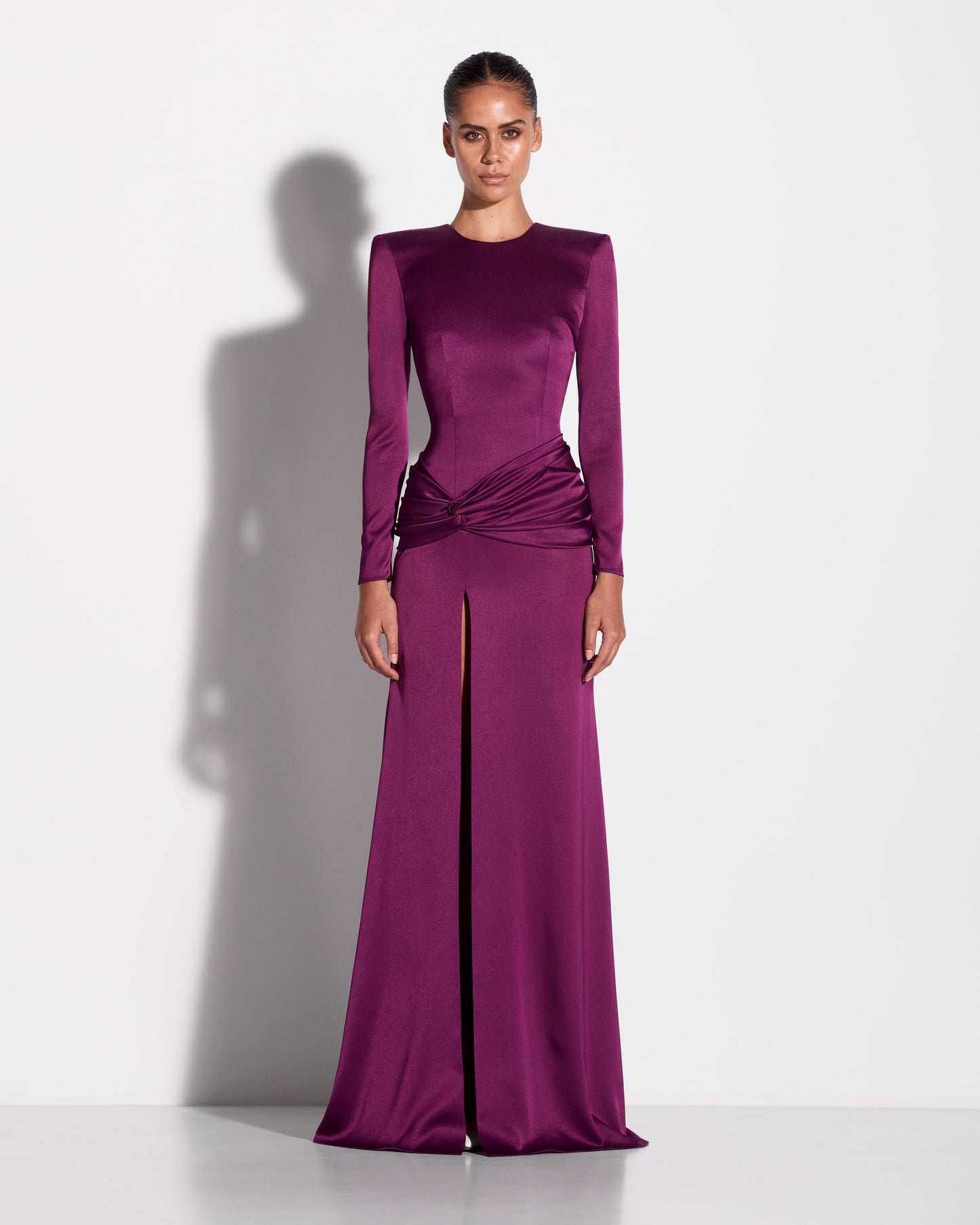 LONG SLEEVE KNOT GOWN IN SATIN CREPE