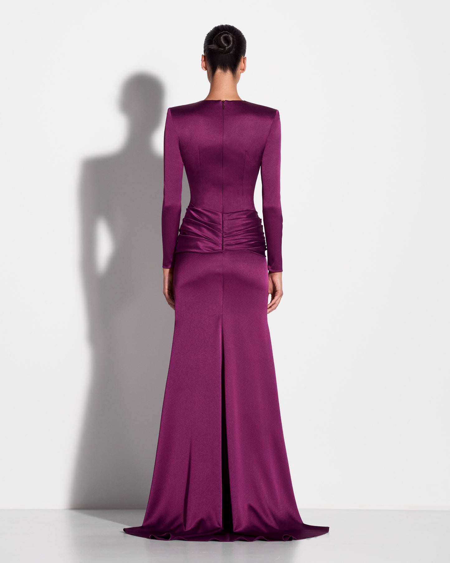 LONG SLEEVE KNOT GOWN IN SATIN CREPE