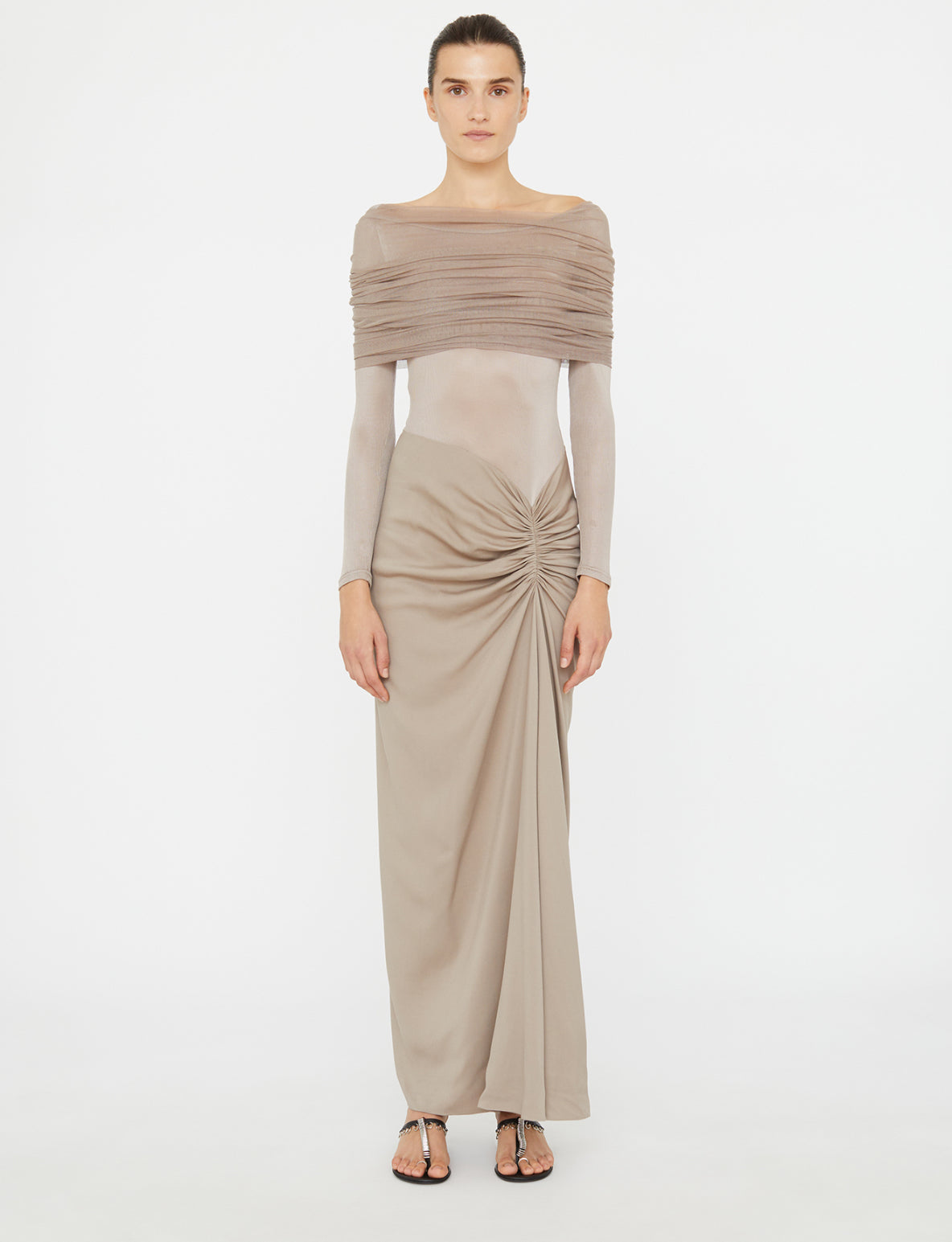 SONORA VEILED LONG SLEEVE RUCHED DRESS