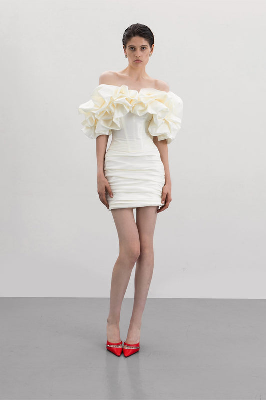 Taffeta ivory lace-up corset with meringue flounces and skirt