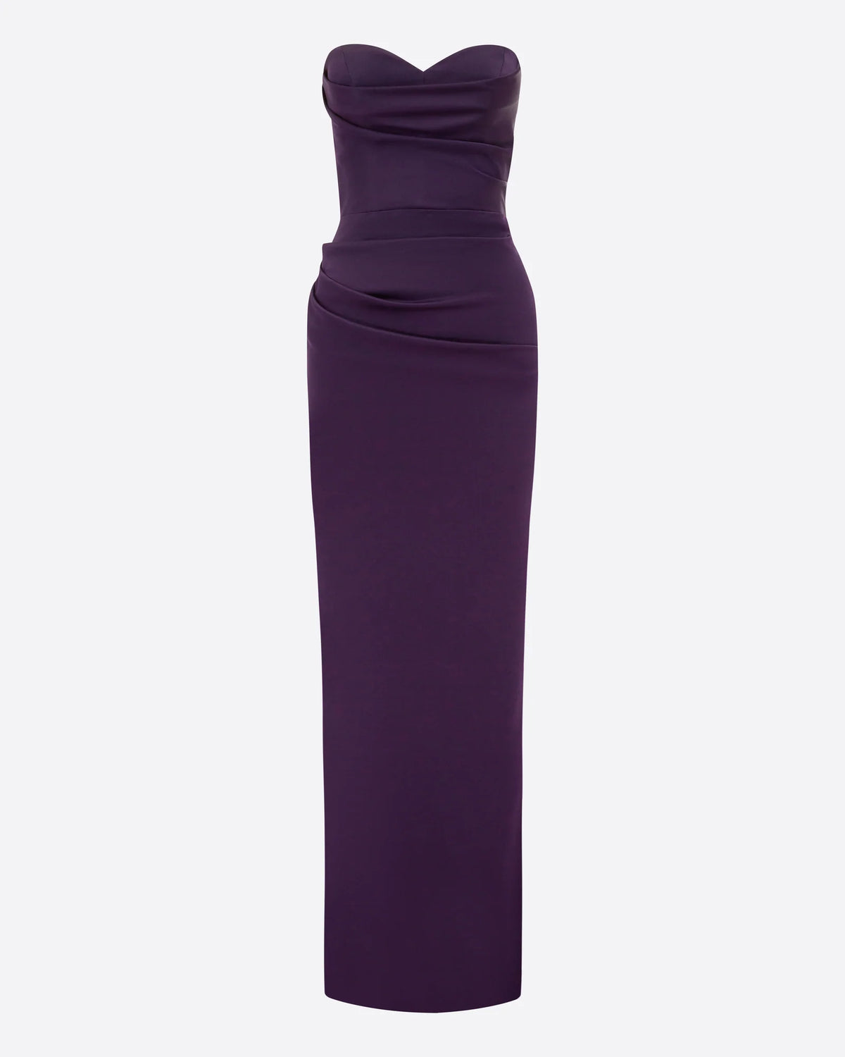 STRAPLESS SWEETHEART DRAPE COLUMN IN SATIN CREPE