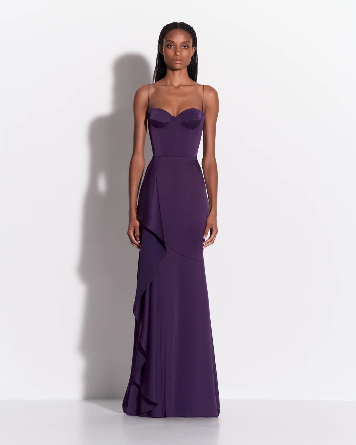 CUPPED ASYMMETRIC TIERED DRAPE GOWN IN SATIN CREPE