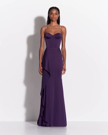 CUPPED ASYMMETRIC TIERED DRAPE GOWN IN SATIN CREPE