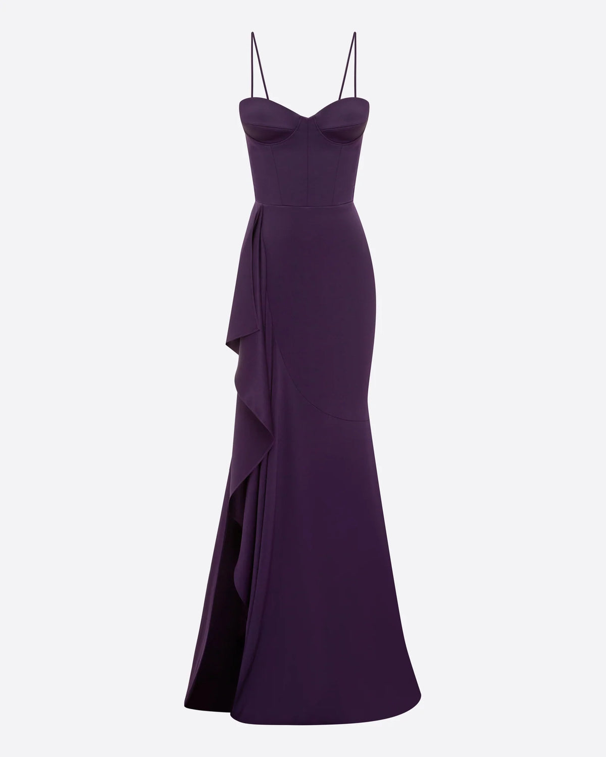 CUPPED ASYMMETRIC TIERED DRAPE GOWN IN SATIN CREPE