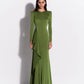 LONG SLEEVE ASYMETRIC TIERED DRAPE GOWN IN SATIN CREPE