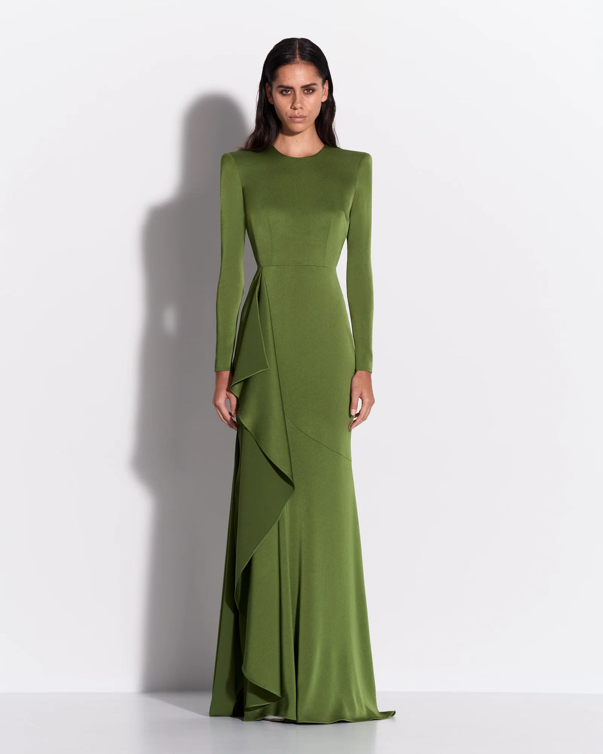 LONG SLEEVE ASYMETRIC TIERED DRAPE GOWN IN SATIN CREPE