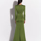 LONG SLEEVE ASYMETRIC TIERED DRAPE GOWN IN SATIN CREPE