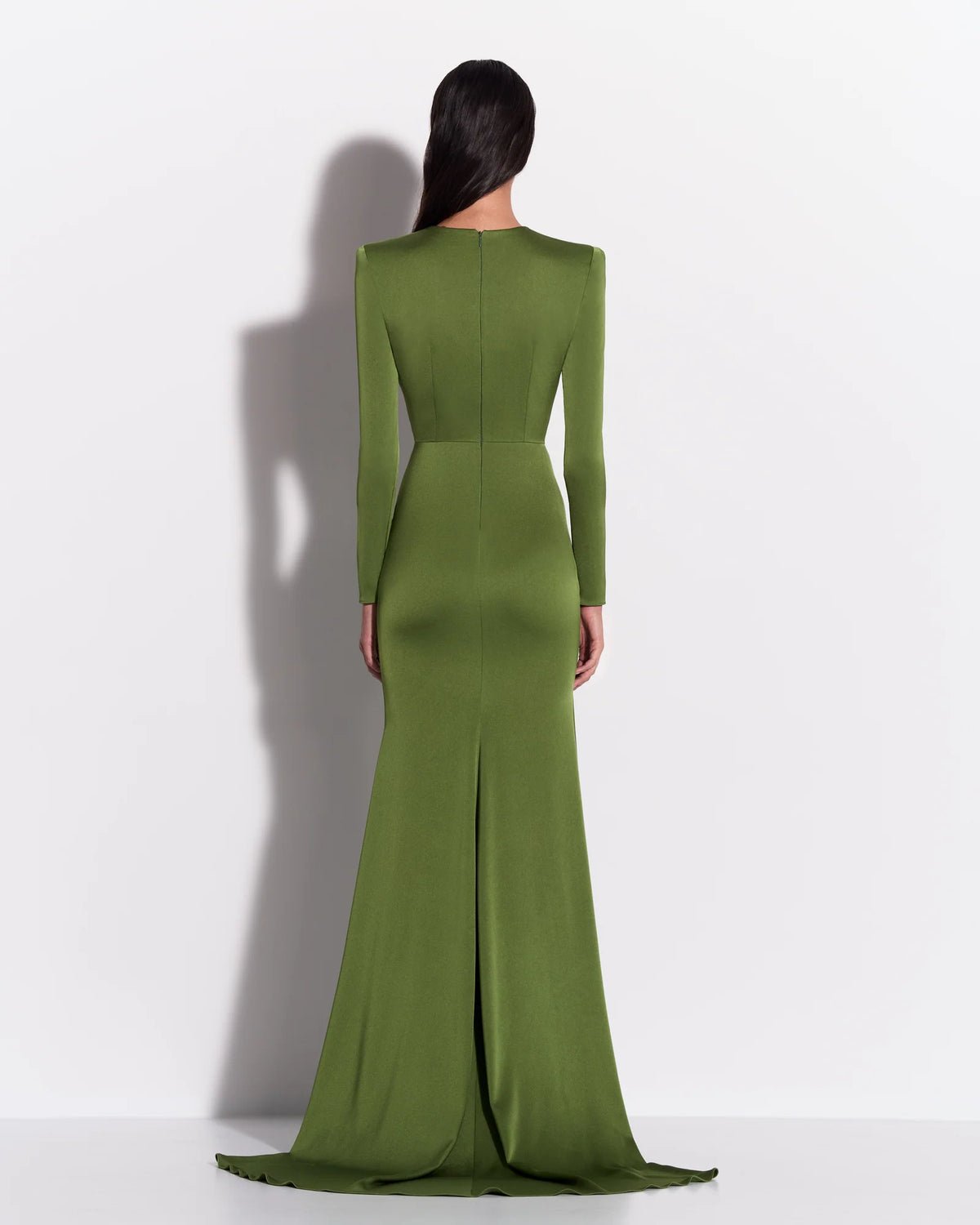 LONG SLEEVE ASYMETRIC TIERED DRAPE GOWN IN SATIN CREPE
