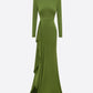 LONG SLEEVE ASYMETRIC TIERED DRAPE GOWN IN SATIN CREPE