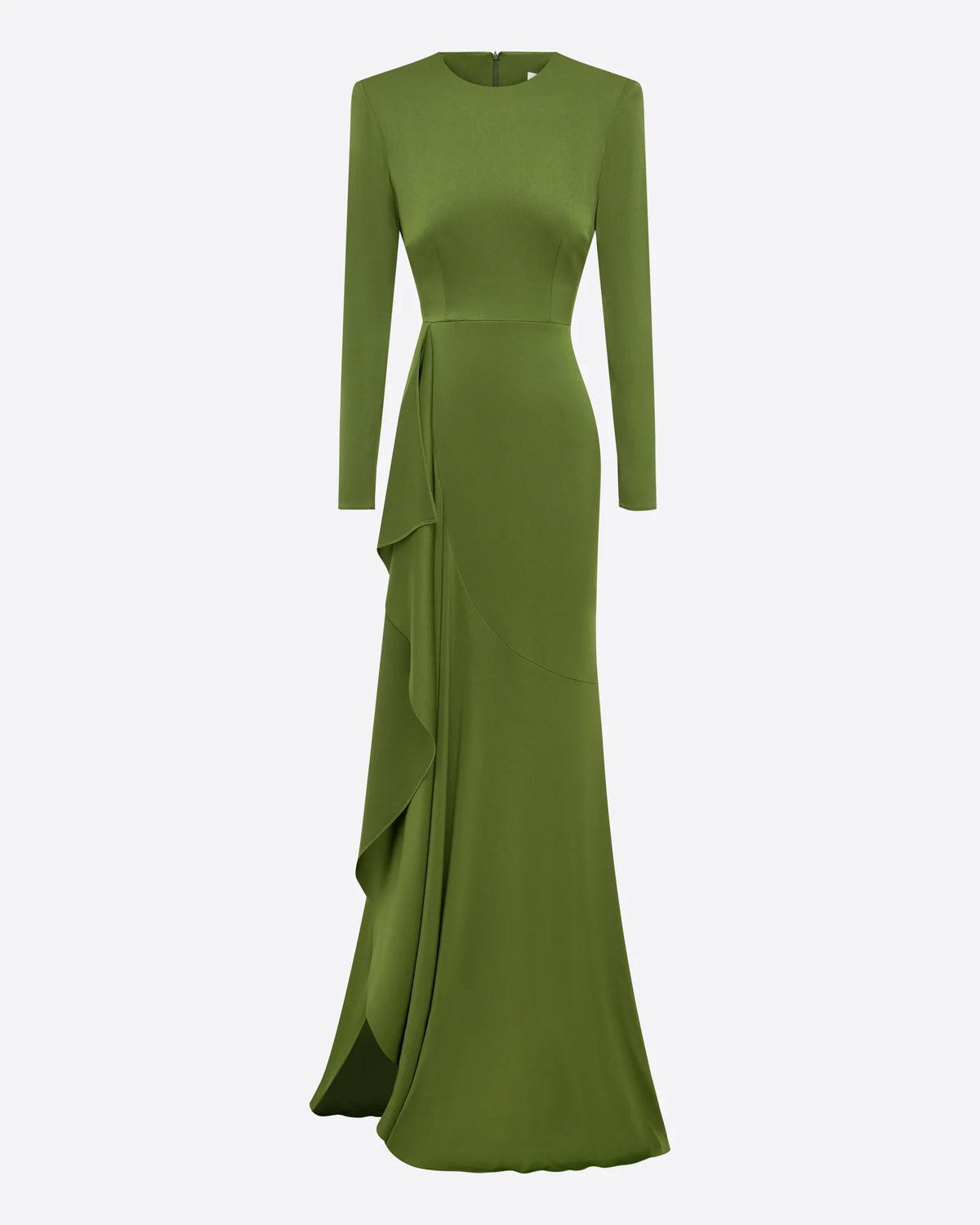 LONG SLEEVE ASYMETRIC TIERED DRAPE GOWN IN SATIN CREPE