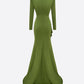 LONG SLEEVE ASYMETRIC TIERED DRAPE GOWN IN SATIN CREPE