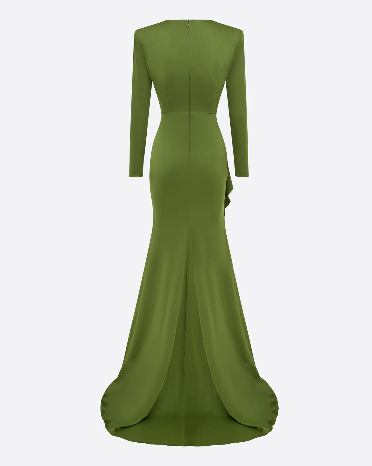 LONG SLEEVE ASYMETRIC TIERED DRAPE GOWN IN SATIN CREPE