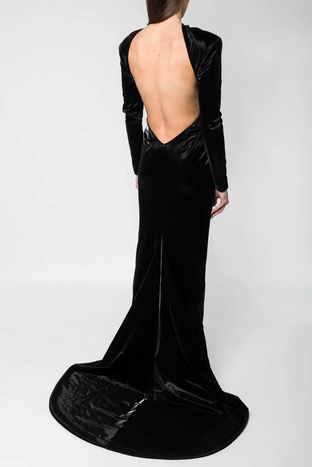 BLACK PORTRAIT NECKLINE GOWN WITH CUT OUT OPEN BACK