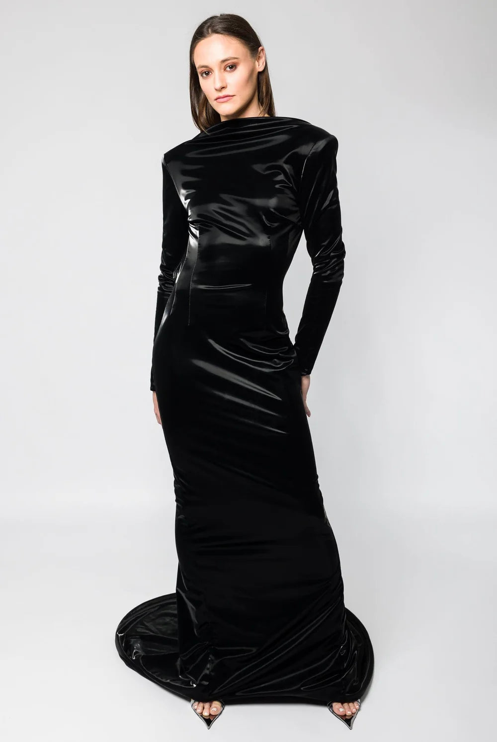 BLACK PORTRAIT NECKLINE GOWN WITH CUT OUT OPEN BACK