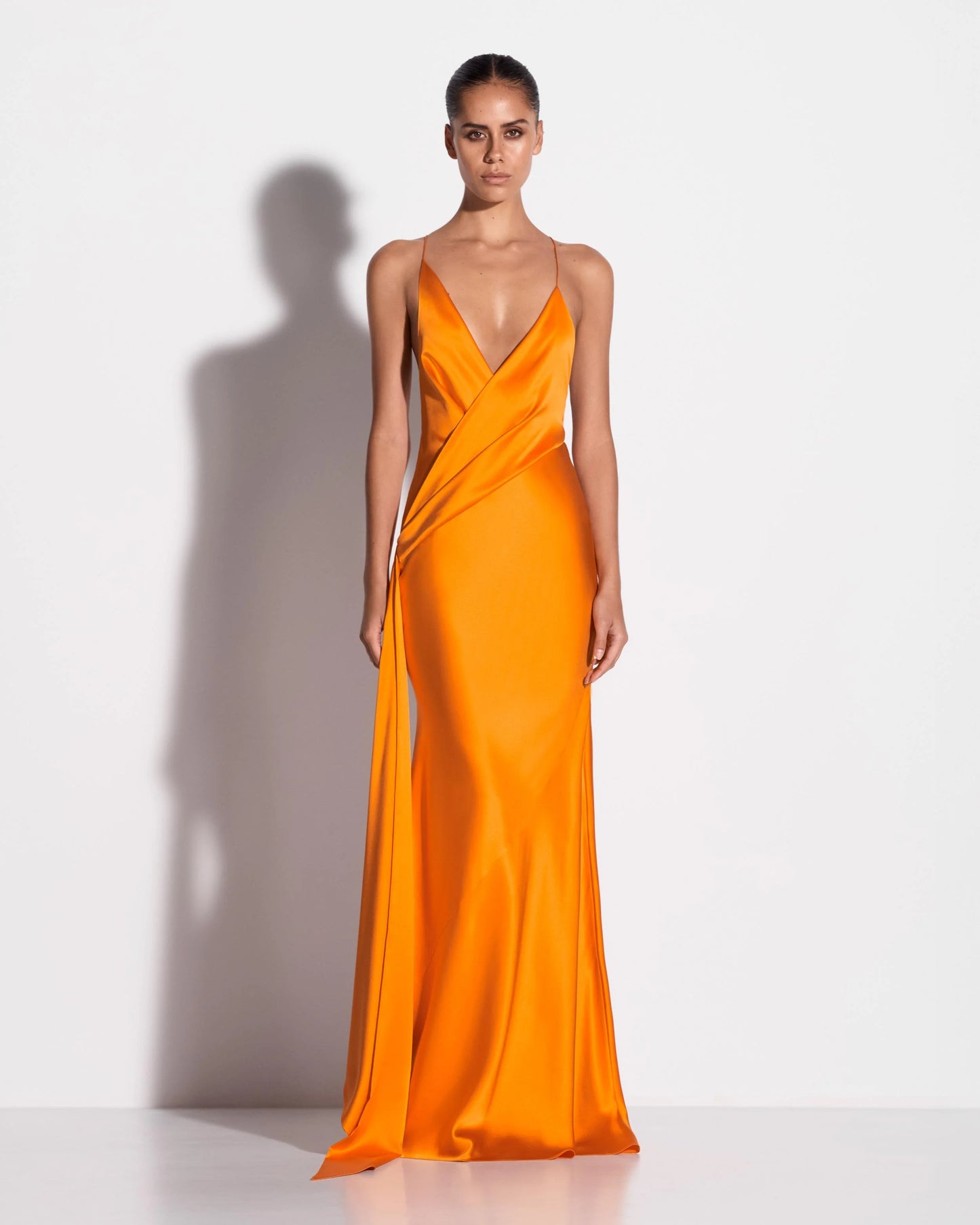 BIKINI WRAP ASYMMETRIC GOWN W/ SASH IN SILK SATIN