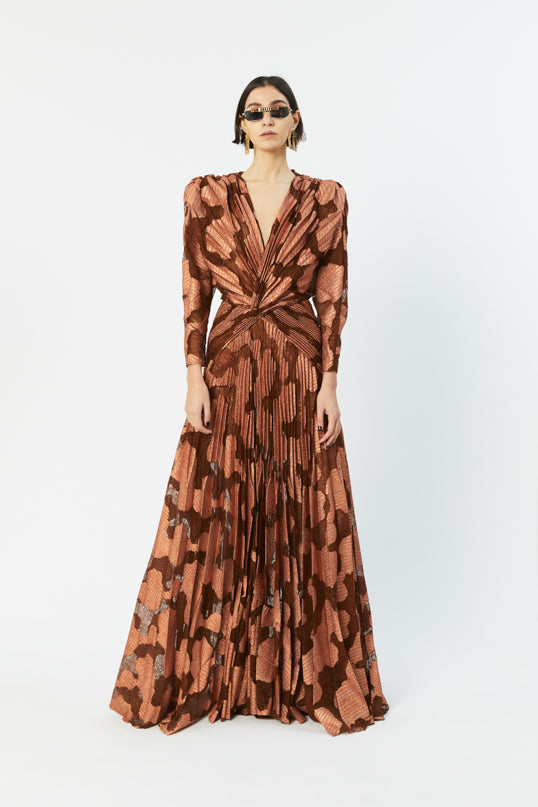 PATTERNED V NECK MAXI DRESS WITH OPEN NECK