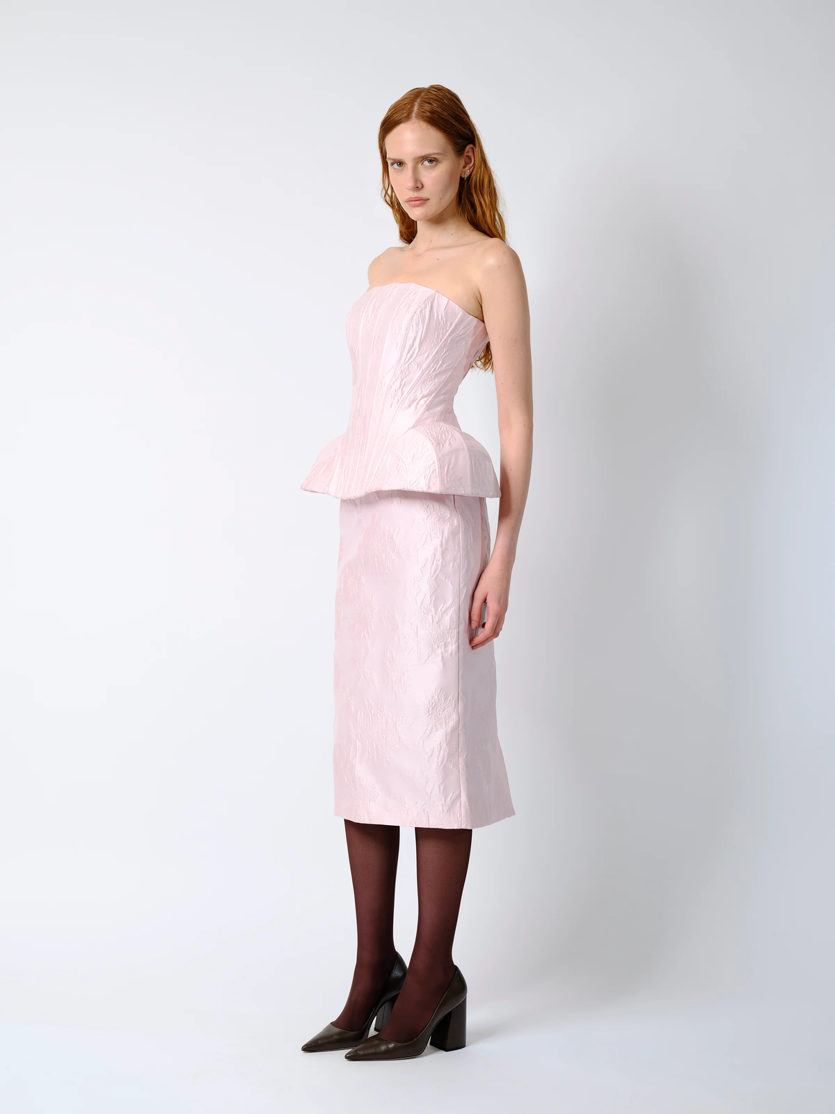 THE EMMI CORSET TOP IN PALE PINK BROCADE