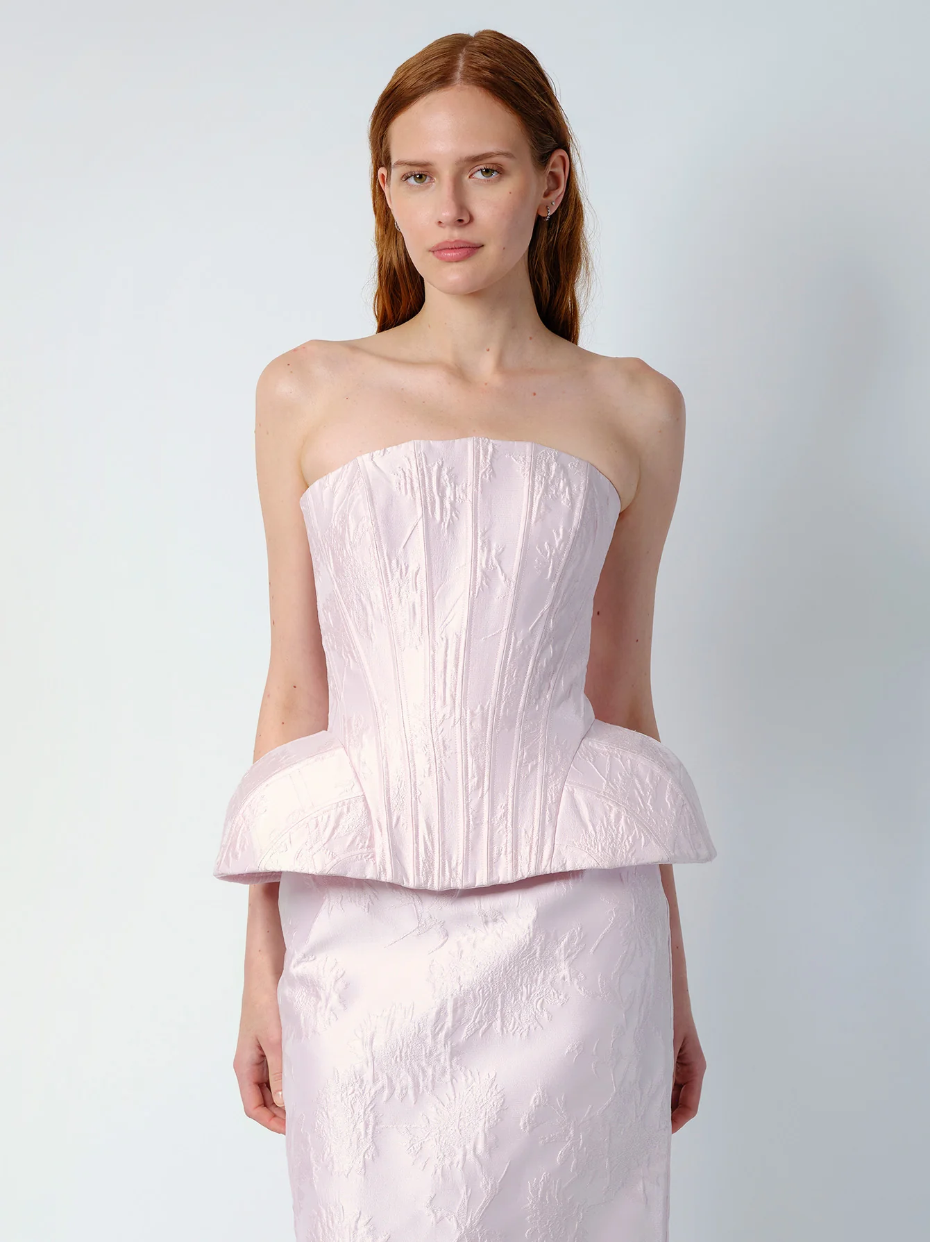 THE EMMI CORSET TOP IN PALE PINK BROCADE
