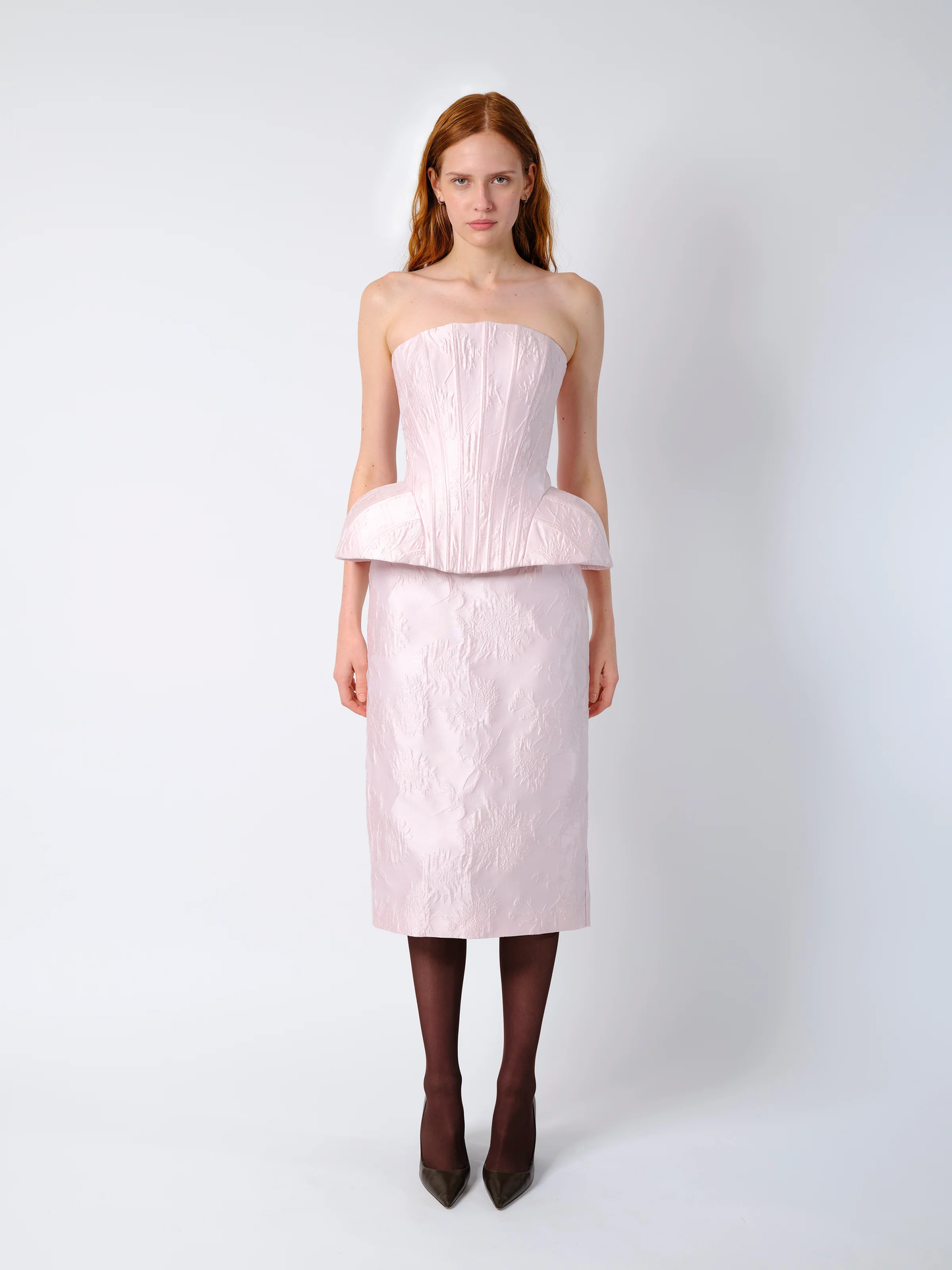 THE EMMI CORSET TOP IN PALE PINK BROCADE