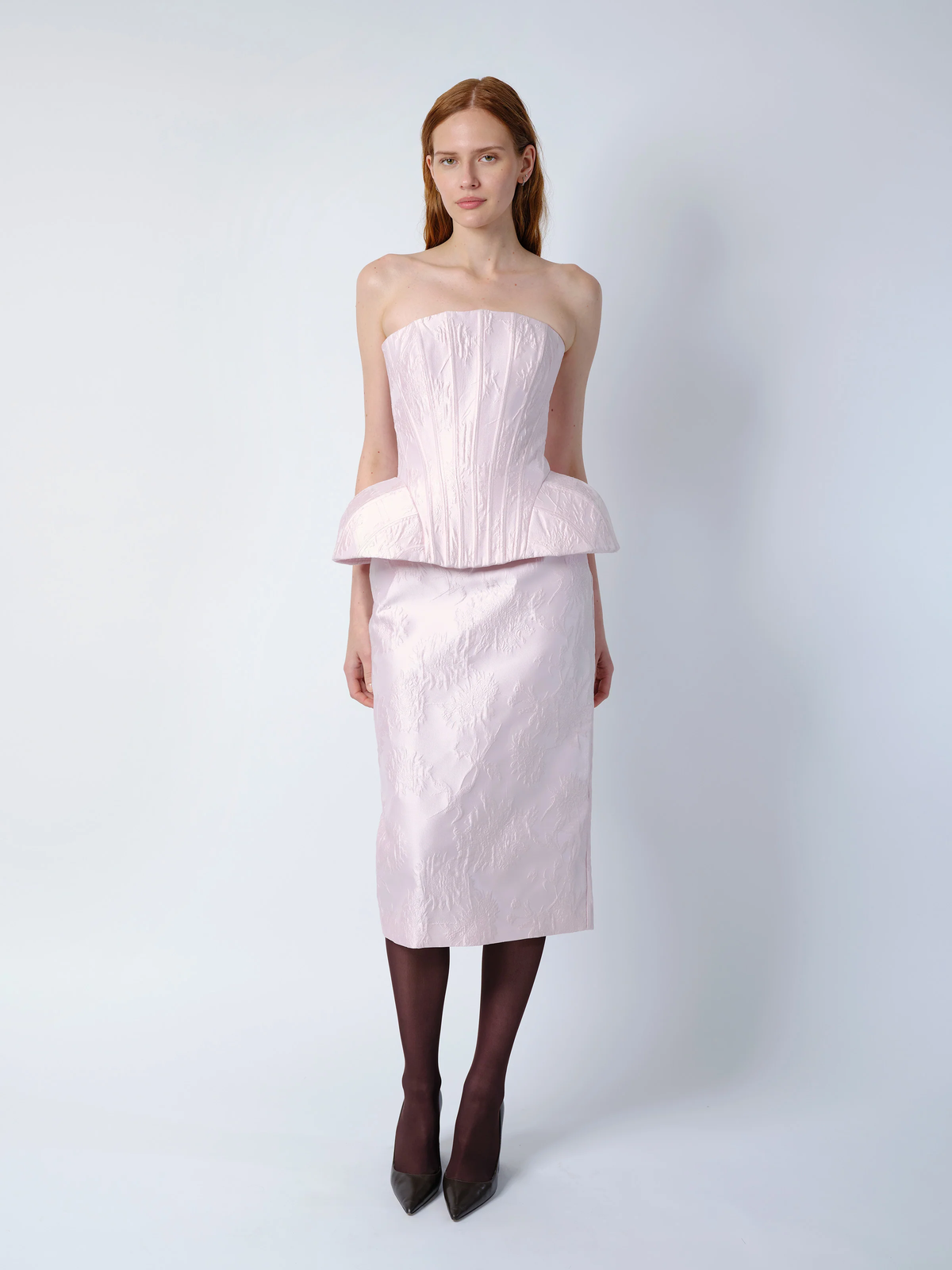 THE EMMI CORSET TOP IN PALE PINK BROCADE