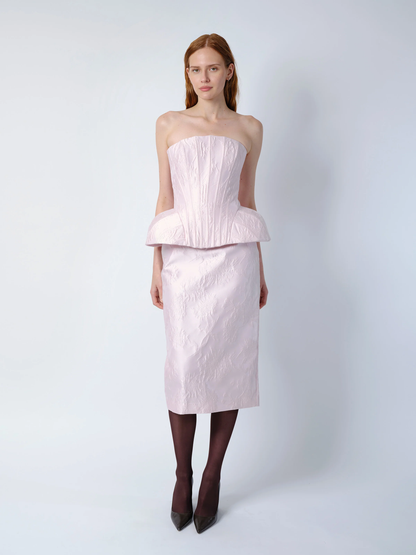 THE EMMI CORSET TOP IN PALE PINK BROCADE