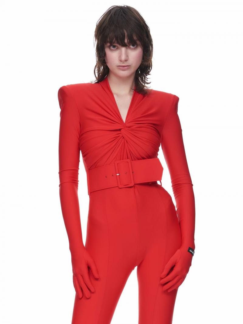 RED STRETCH JUMPSUIT WITH GLOVES