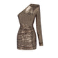 ONE-SLEEVE RUCHED SEQUINED STRECH  MINI DRESS