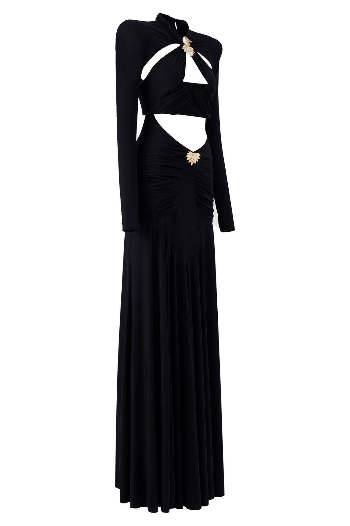 LONG SLEEVED CUTOUT MAXI DRESS WITH GOLD BUCKLES