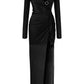 LONG SLEEVED CRYSTAL BUTTONED MIDI DRESS WITH HIGH SLIT