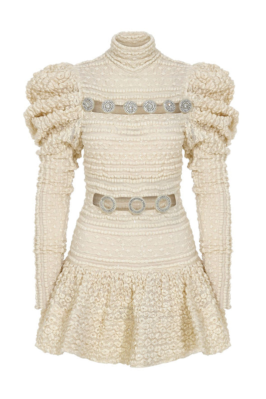 SEQUINED KNIT TURTLE NECK MINI DRESS WITH CRYSTAL BUTTONS