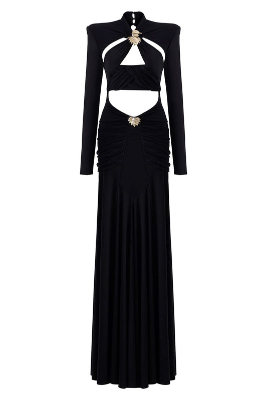 LONG SLEEVED CUTOUT MAXI DRESS WITH GOLD BUCKLES