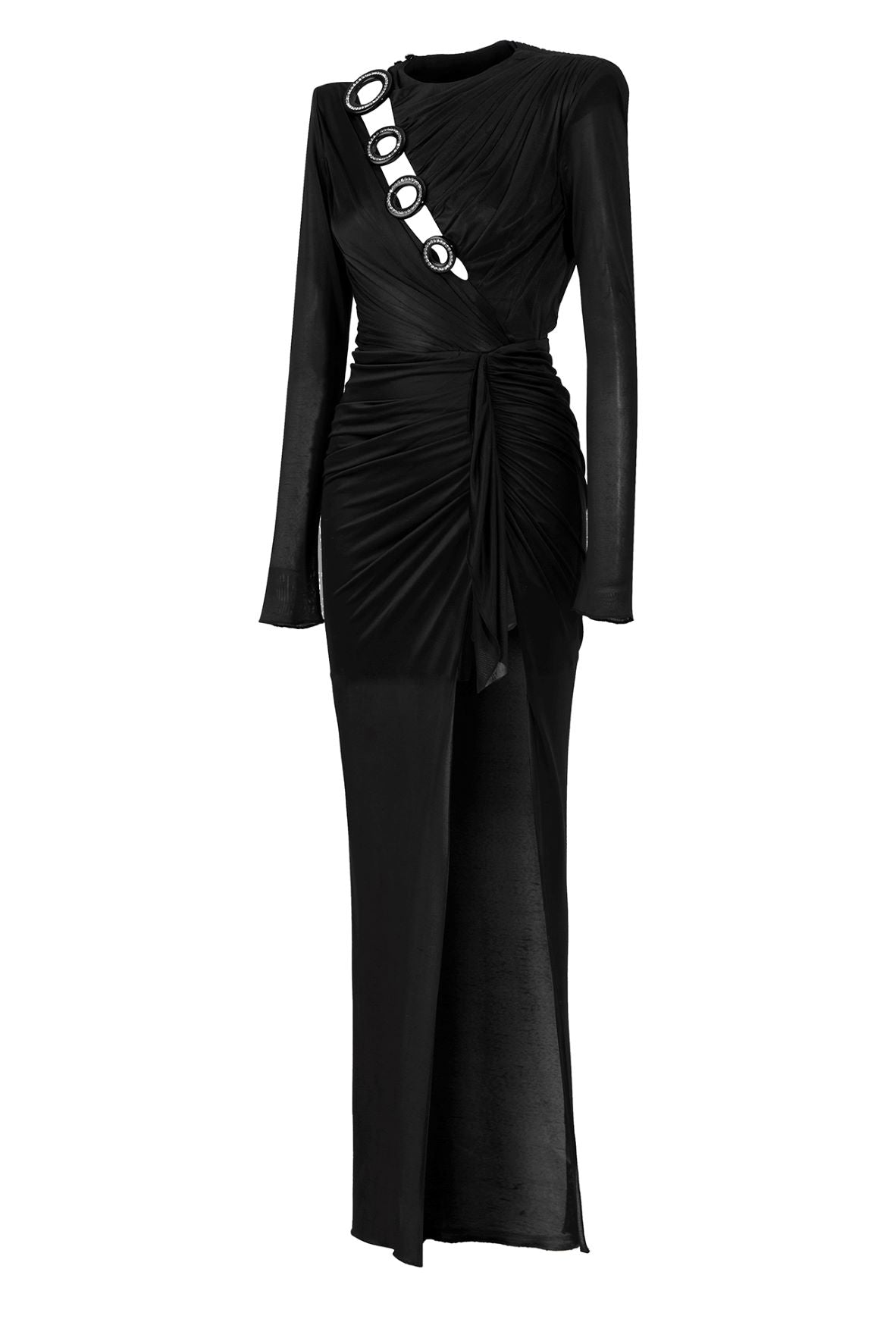 LONG SLEEVED CRYSTAL BUTTONED MIDI DRESS WITH HIGH SLIT
