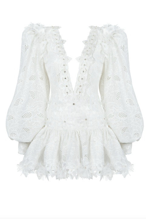 EMBELLISHED FLORAL LACE PUFF SLEEVED MINI DRESS