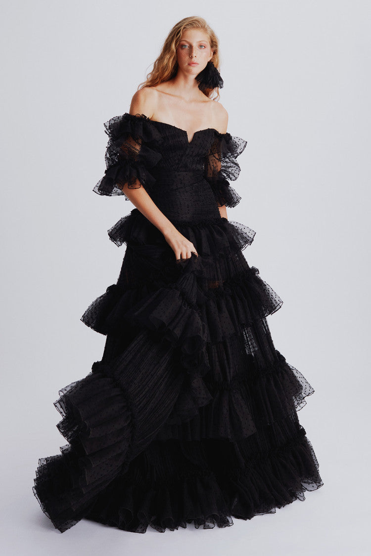 OFF SHOULDER RUFFLE DETAIL MAXI DRESS