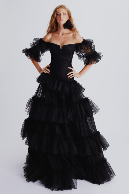 OFF SHOULDER RUFFLE DETAIL MAXI DRESS