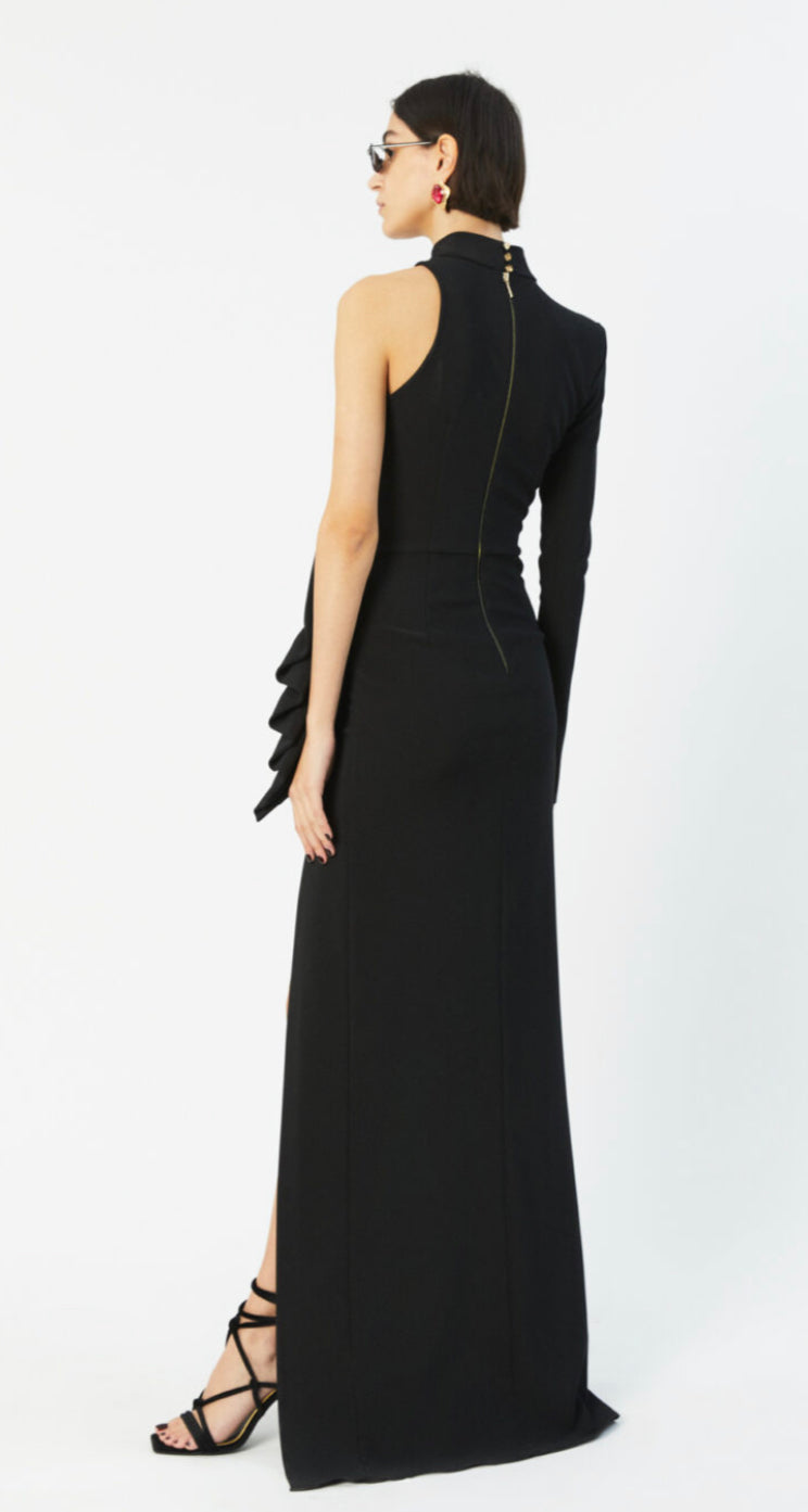 HIGH NECK ONE SHOULDER MAXI DRESS WITH RUFFLED HIGH SLIT