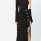 HIGH NECK ONE SHOULDER MAXI DRESS WITH RUFFLED HIGH SLIT