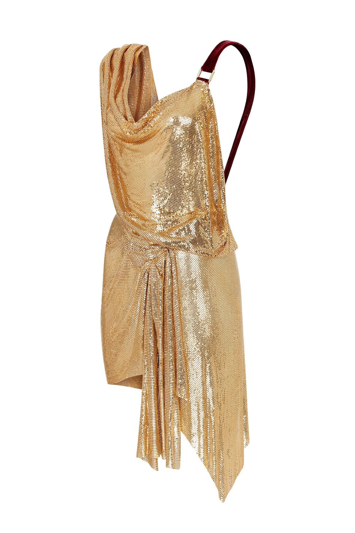 GOLD METAL COWL NECK DRAPPED MINI DRESS