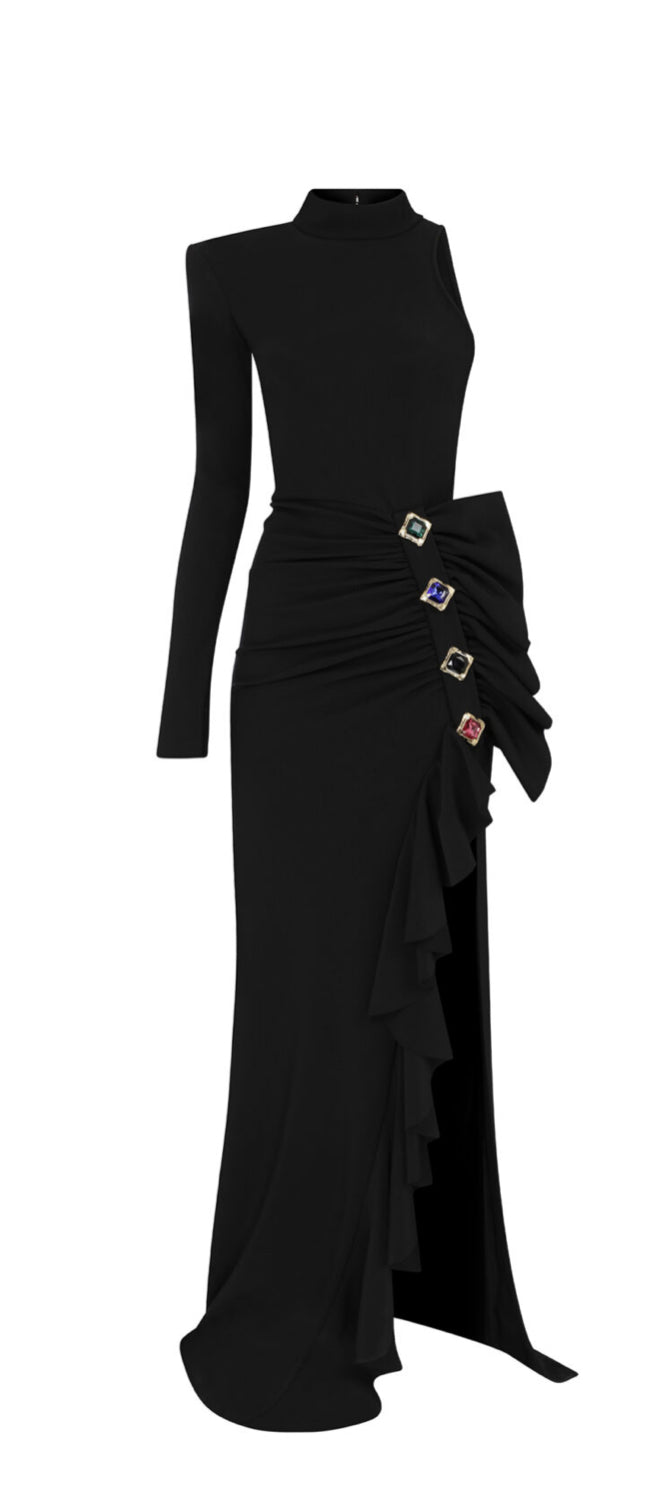 HIGH NECK ONE SHOULDER MAXI DRESS WITH RUFFLED HIGH SLIT
