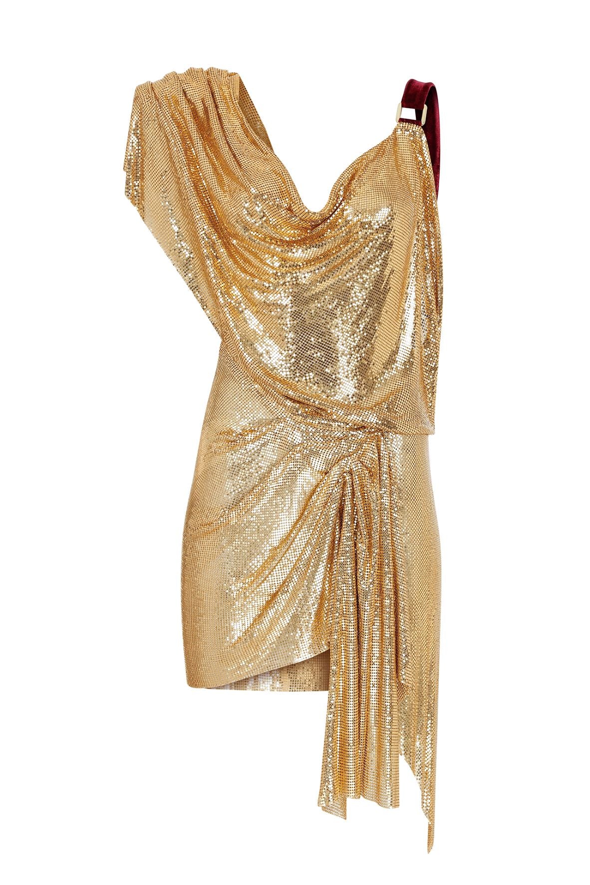 GOLD METAL COWL NECK DRAPPED MINI DRESS