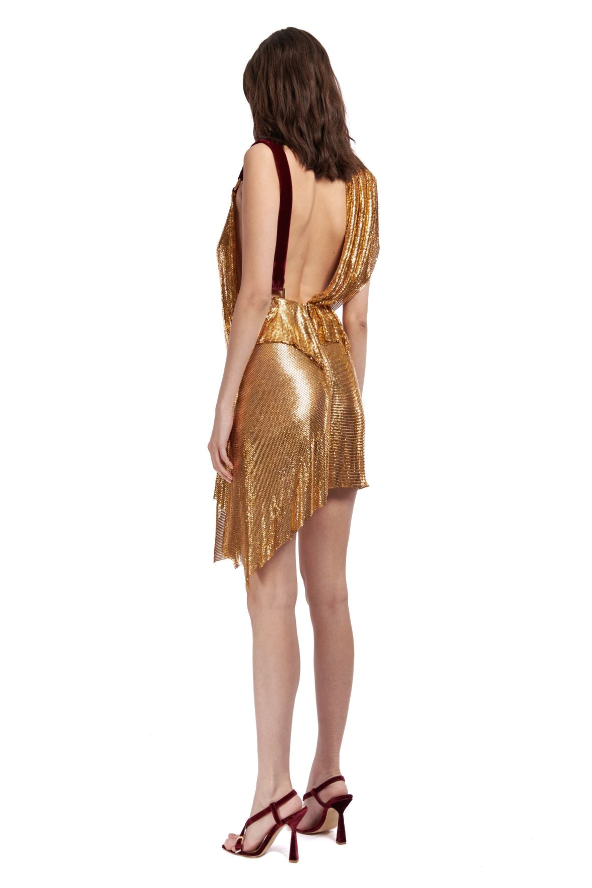 GOLD METAL COWL NECK DRAPPED MINI DRESS